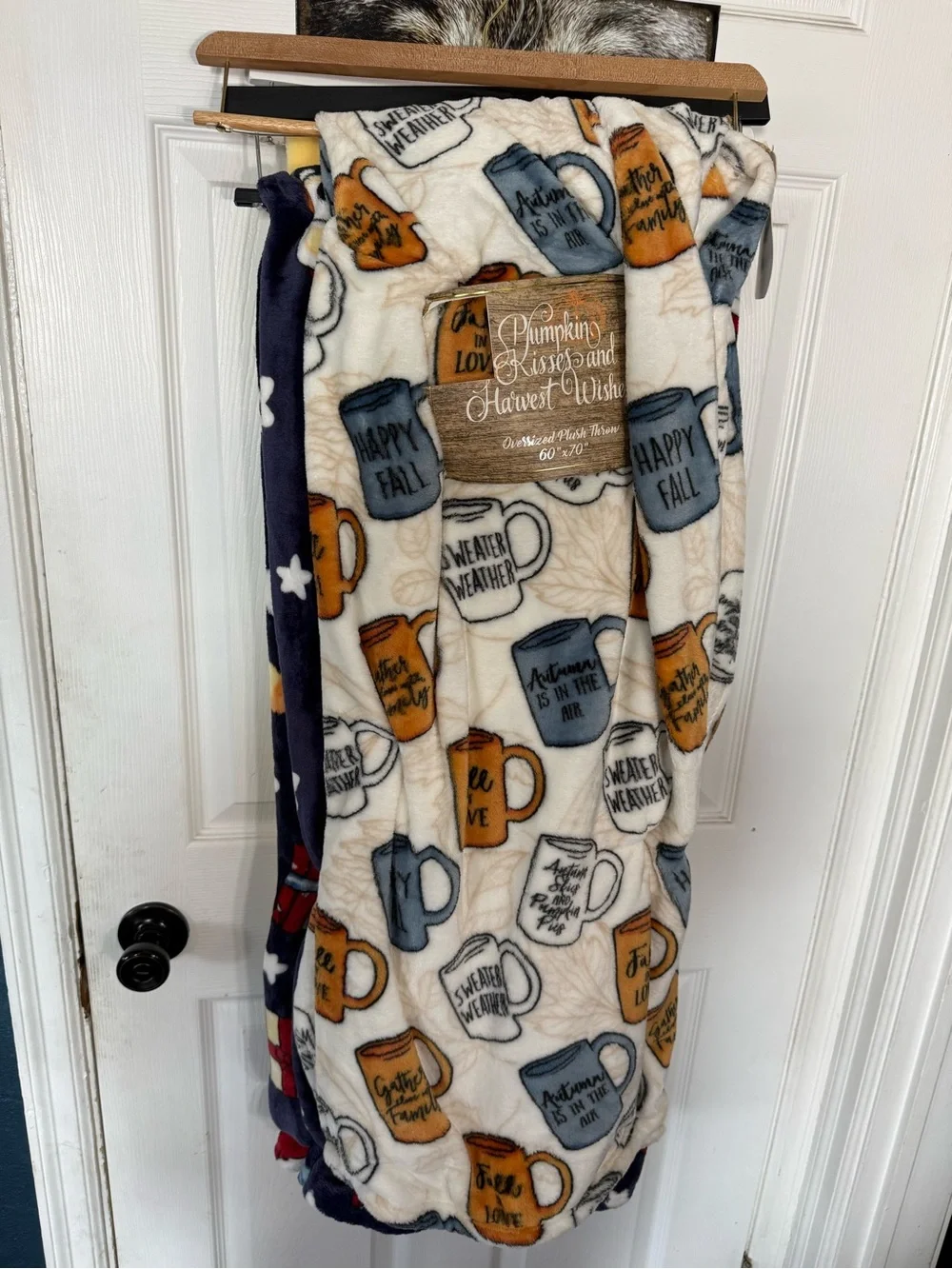 Cozy Fall Mug Print Throw Blanket - Cream, Blue & Orange. 60x70